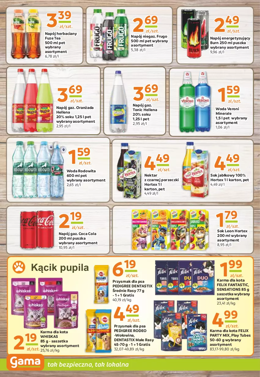 Gazetka promocyjna Gama - Gazetka Gama - ważna 11.04 do 23.04.2024 - strona 10 - produkty: Fa, Fanta, Felix, Gra, Hellena, Hortex, Leon, Napój, Nektar, Oranżada, Pedigree, Piec, Por, Przysmak dla psa, Sati, Sok, Sok jabłkowy, Whiskas, Woda, Wołowina