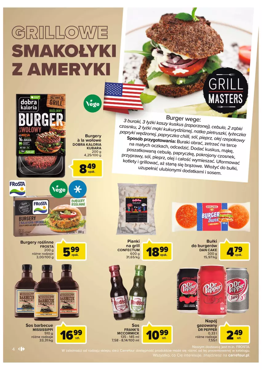 Gazetka promocyjna Carrefour - Gazetka Grillowe klasyki gatunku - ważna 07.06 do 18.06.2022 - strona 4 - produkty: Buraki, Burger, Cebula, Czosnek, Grill, Kotlet, Kuskus, Napój, Napój gazowany, Olej, Olej rzepakowy, Pieprz, Przyprawy, Sól, Sos