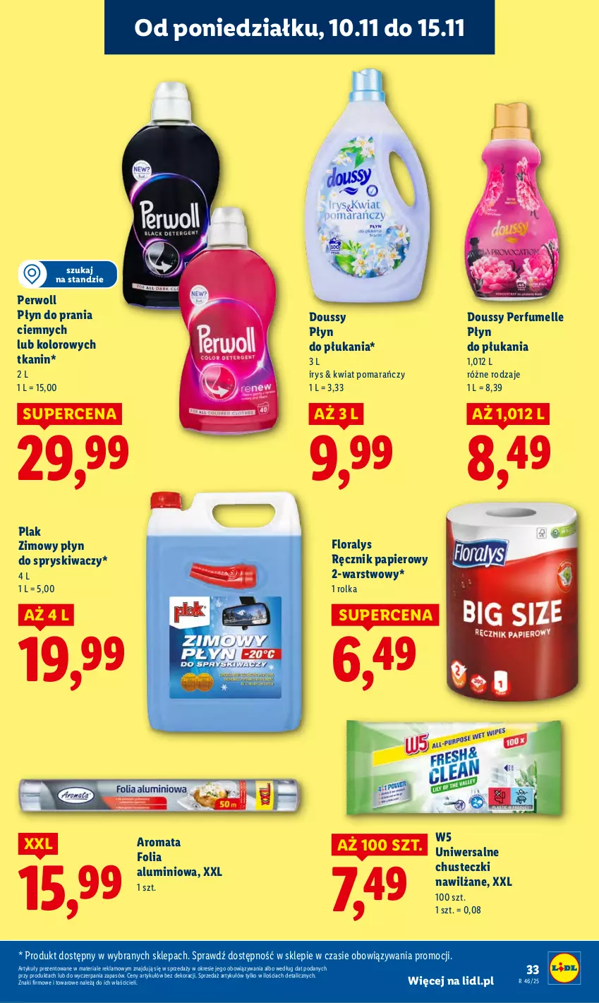 Gazetka promocyjna Lidl - GAZETKA - ważna 10.11 do 12.11.2025 - strona 33 - produkty: Chusteczki, Flora, Folia aluminiowa, Papier, Perfum, Perwoll, Płyn do płukania, Płyn do prania, Płyn do spryskiwaczy, Ręcznik