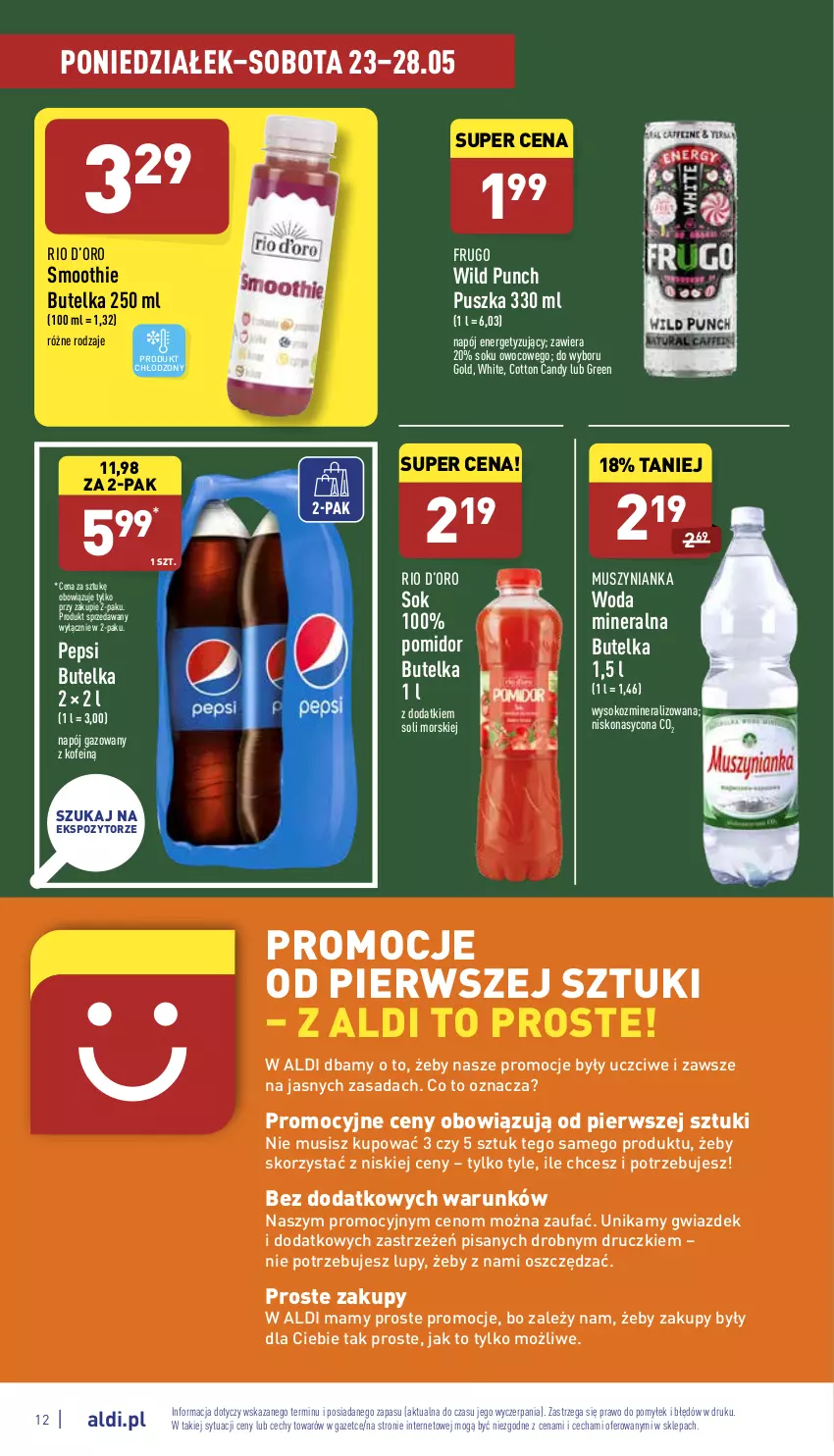 Gazetka promocyjna Aldi - Katalog spożywczy - ważna 23.05 do 28.05.2022 - strona 12 - produkty: Candy, Fa, Mus, Muszynianka, Napój, Napój gazowany, Pepsi, Smoothie, Sok, Woda, Woda mineralna