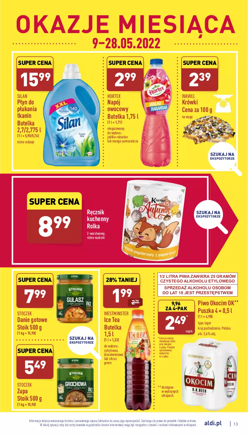 Gazetka promocyjna Aldi - Katalog spożywczy - ważna 23.05 do 28.05.2022 - strona 13 - produkty: Danie gotowe, Gra, Hortex, Ice tea, Koc, Mango, Napój, Okocim, Piwa, Piwo, Płyn do płukania, Ręcznik, Ręcznik kuchenny, Silan, Wawel, Zupa