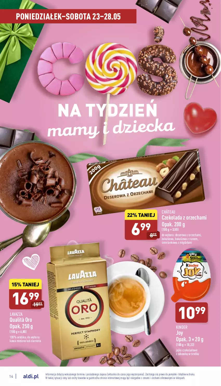 Gazetka promocyjna Aldi - Katalog spożywczy - ważna 23.05 do 28.05.2022 - strona 14 - produkty: Czekolada, Deser, Kawa, Kawa mielona, Kinder, Lavazza, Rum, Ser