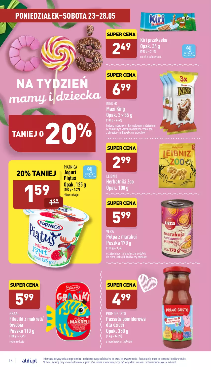 Gazetka promocyjna Aldi - Katalog spożywczy - ważna 23.05 do 28.05.2022 - strona 16 - produkty: Baton, Dzieci, Gra, Graal, Herbatniki, Jogurt, Kawa, Kinder, Piątnica, Ser, Serek, Sos