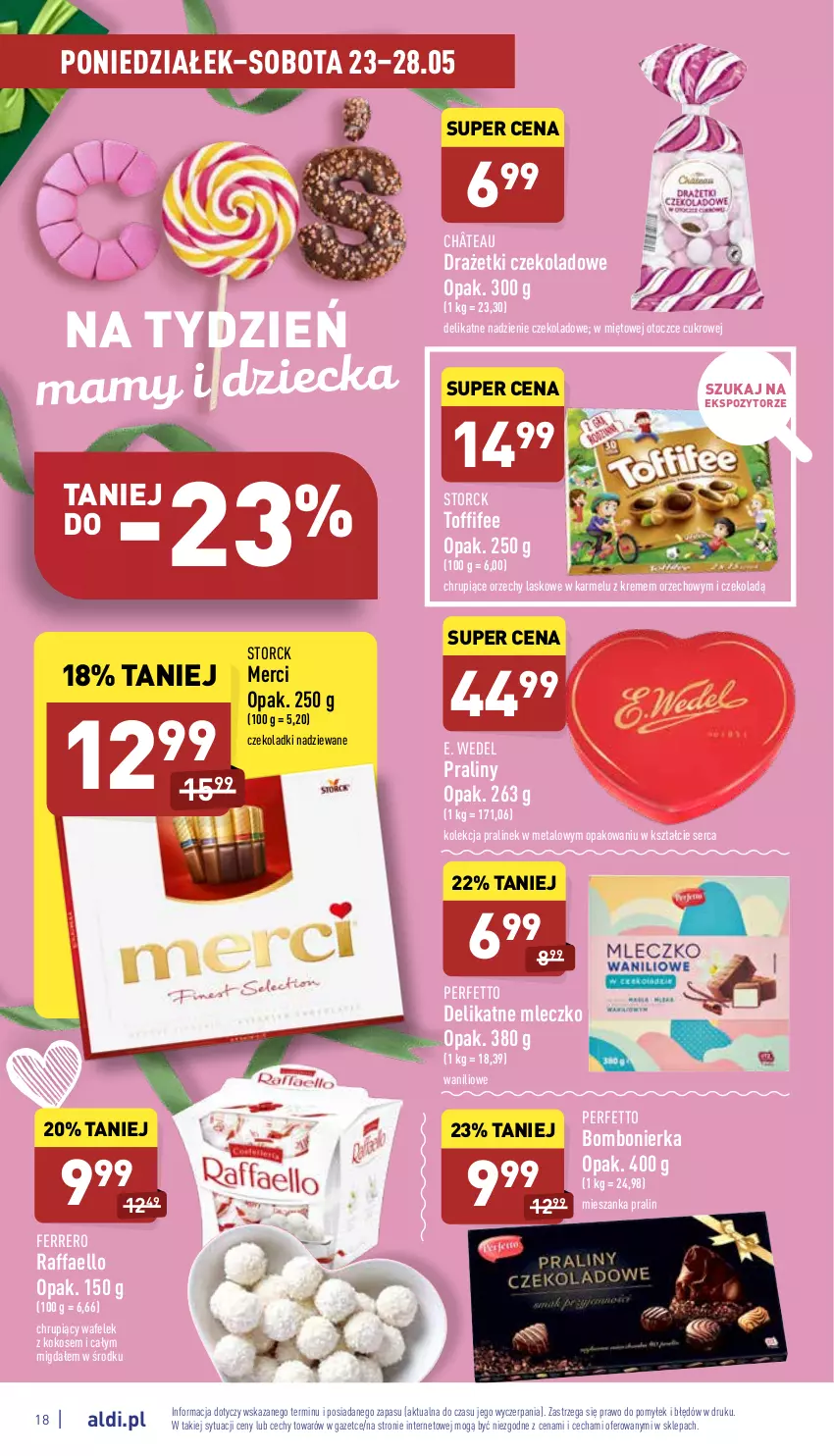 Gazetka promocyjna Aldi - Katalog spożywczy - ważna 23.05 do 28.05.2022 - strona 18 - produkty: E. Wedel, Fa, Ferrero, Kokos, Merci, Mleczko, Praliny, Raffaello, Ser, Toffifee, Wafelek