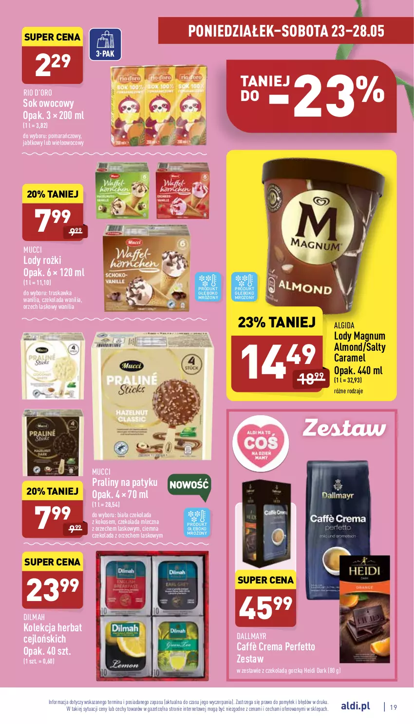 Gazetka promocyjna Aldi - Katalog spożywczy - ważna 23.05 do 28.05.2022 - strona 19 - produkty: Algida, Czekolada, Czekolada mleczna, Dallmayr, Dilmah, Kokos, LG, Lody, Praliny, Sok