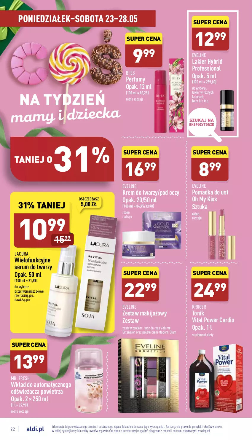 Gazetka promocyjna Aldi - Katalog spożywczy - ważna 23.05 do 28.05.2022 - strona 22 - produkty: Eveline, Krem do twarzy, Lakier, Makijaż, Mars, Perfum, Rum, Ser, Serum, Serum do twarzy, Suplement diety, Tonik, Top, Tusz