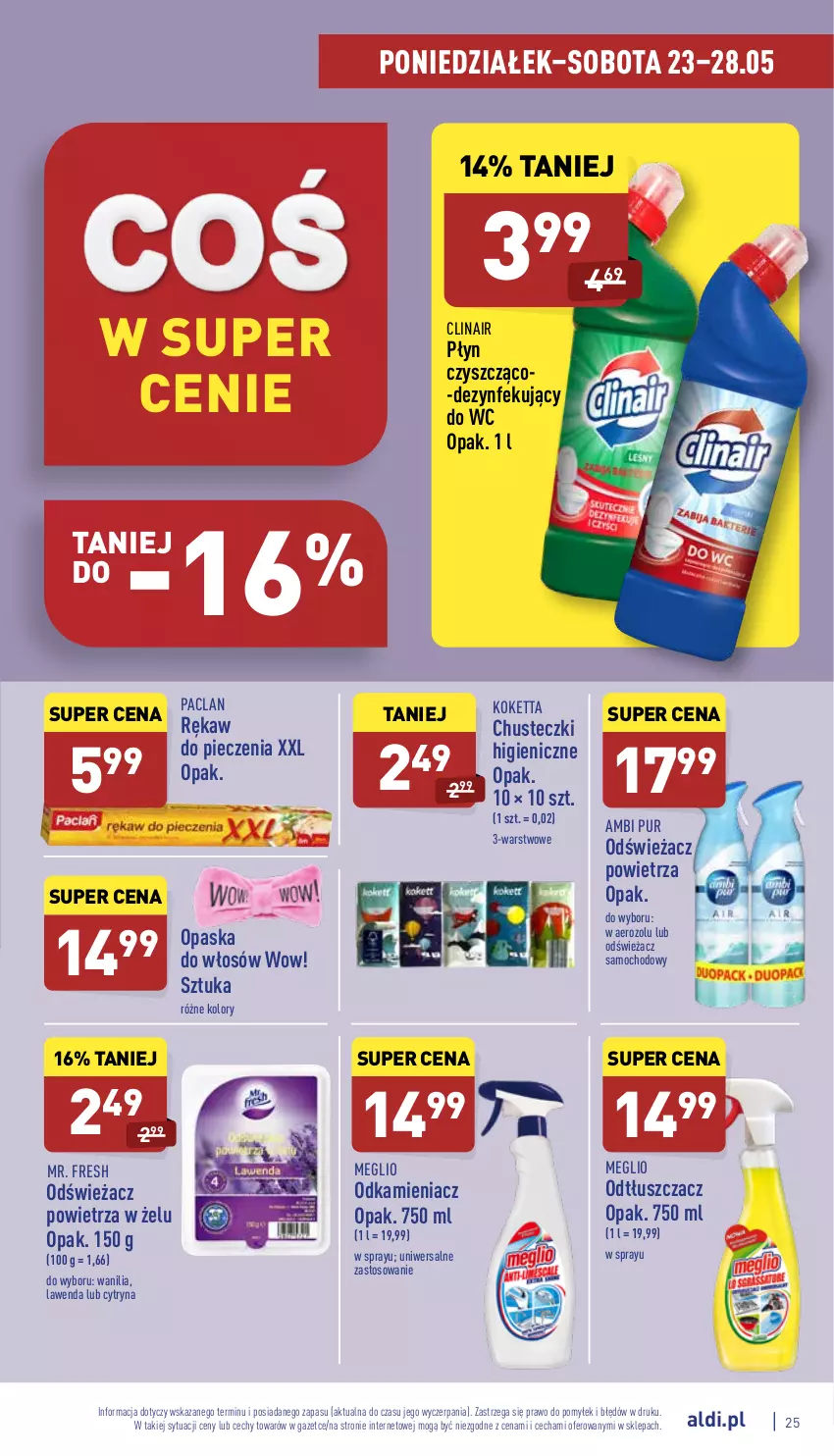 Gazetka promocyjna Aldi - Katalog spożywczy - ważna 23.05 do 28.05.2022 - strona 25 - produkty: Ambi Pur, Chusteczki, Clin, Odkamieniacz, Odświeżacz powietrza, Odtłuszczacz, Opaska, Opaska do włosów, Piec, Pur, Rękaw do pieczenia