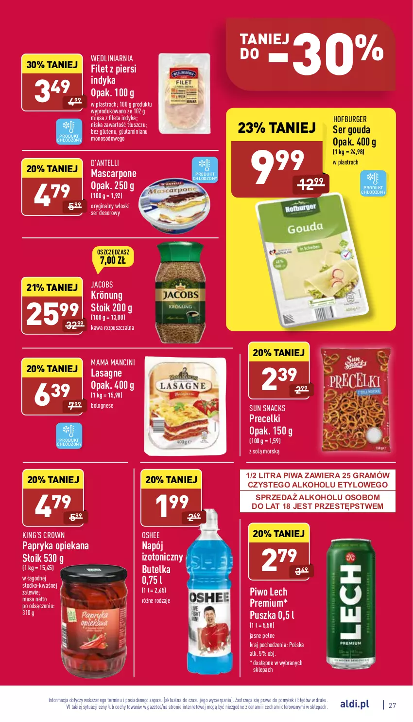 Gazetka promocyjna Aldi - Katalog spożywczy - ważna 23.05 do 28.05.2022 - strona 27 - produkty: Burger, Deser, Filet z piersi indyka, Gin, Gouda, Gra, Hofburger, Jacobs, Kawa, Kawa rozpuszczalna, King’s Crown, Lasagne, Lech Premium, Mascarpone, Napój, Napój izotoniczny, Oshee, Papryka, Piwa, Piwo, Precelki, Ser