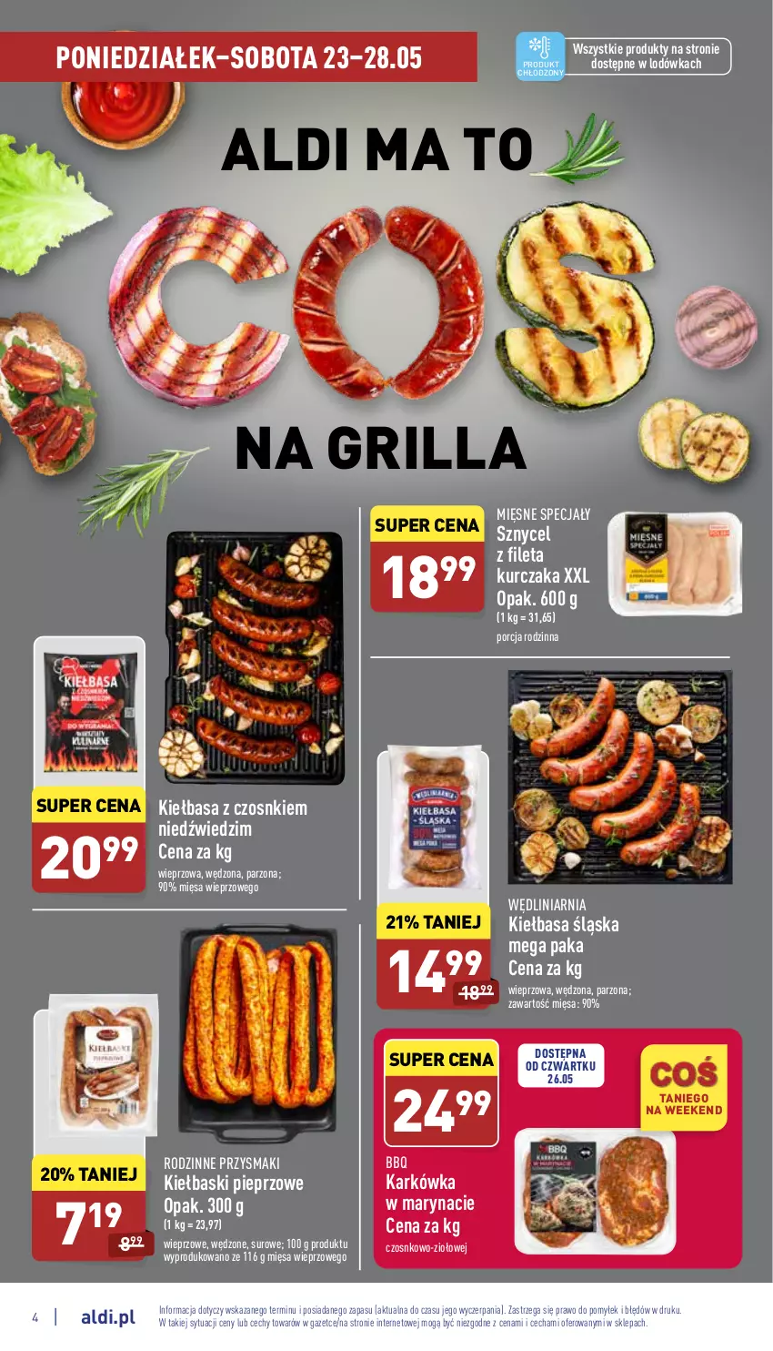 Gazetka promocyjna Aldi - Katalog spożywczy - ważna 23.05 do 28.05.2022 - strona 4 - produkty: Grill, Kiełbasa, Kiełbasa śląska, Kiełbaski pieprzowe, Kurczak, Lodówka, Mięsne specjały, Pieprz, Por, Przysmaki