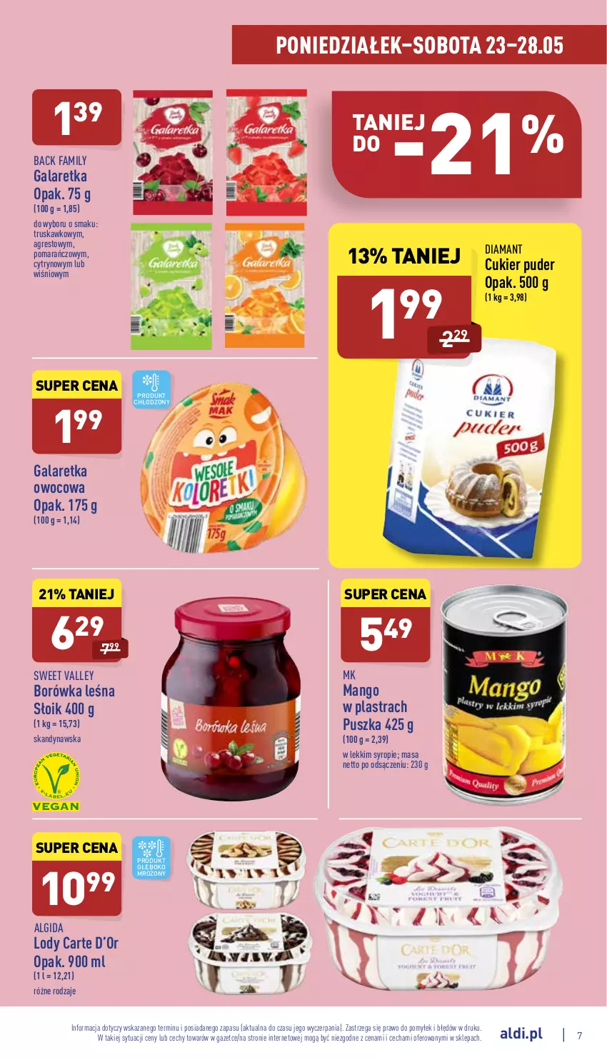 Gazetka promocyjna Aldi - Katalog spożywczy - ważna 23.05 do 28.05.2022 - strona 7 - produkty: Algida, Borówka, Cukier, Cukier puder, Diamant, Fa, Gala, Galaretka, Gres, LG, Lody, Mango, Puder, Syrop