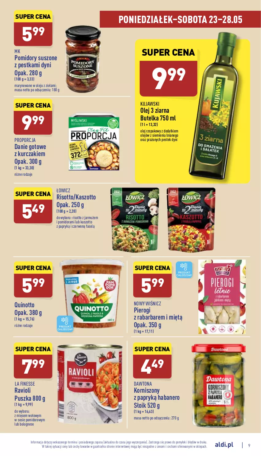 Gazetka promocyjna Aldi - Katalog spożywczy - ważna 23.05 do 28.05.2022 - strona 9 - produkty: Danie gotowe, Dawtona, Fa, Jarmuż, Korniszony, Kujawski, Kurczak, Olej, Olej rzepakowy, Pierogi, Pomidory, Por, Sos, Stek, Zott