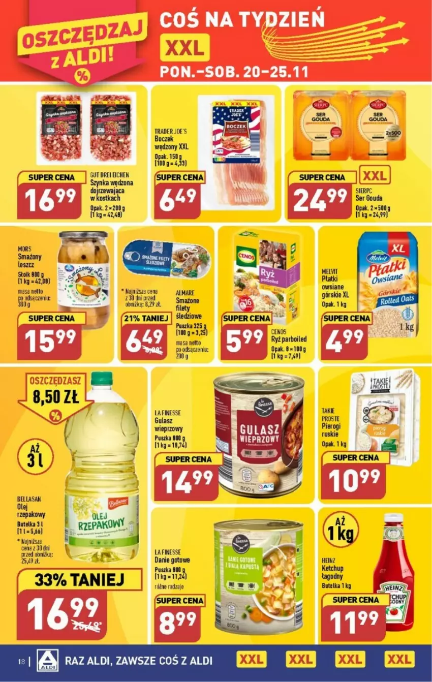 Gazetka promocyjna Aldi - ważna 20.11 do 25.11.2023 - strona 10 - produkty: Bell, Bella, Boczek, Cenos, Danie gotowe, Gouda, Heinz, Ketchup, Olej, Olej rzepakowy, Ryż, Ryż parboiled, Ser, Szynka