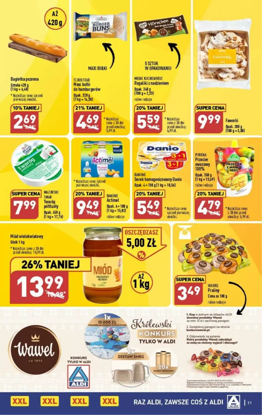 Gazetka promocyjna Aldi - ważna 20.11 do 25.11.2023 - strona 11 - produkty: Actimel, Bagietka, Bagietka pszenna, Burger, Danio, Danone, Hamburger, Miód, Pur, Rogal, Ser, Serek, Serek homogenizowany, Twaróg, Twaróg półtłusty, Wawel