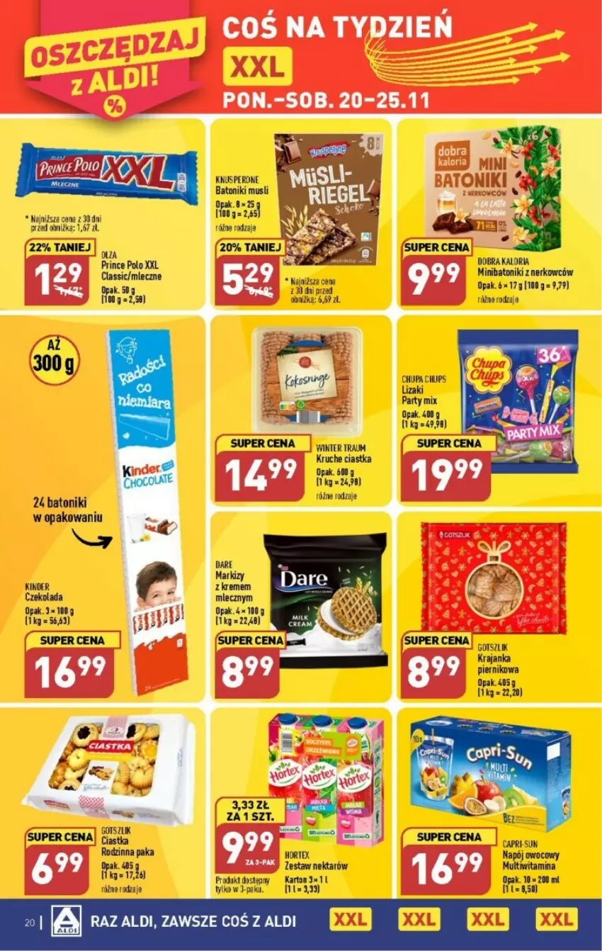 Gazetka promocyjna Aldi - ważna 20.11 do 25.11.2023 - strona 13 - produkty: Baton, Chupa Chups, Ciastka, Czekolada, Hortex, Kinder, Lizaki, Mus, Napój, Nektar, Piernik, Prince Polo, Tonik