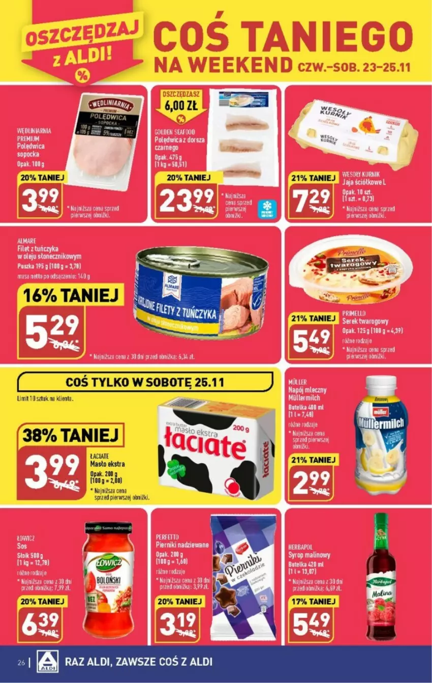 Gazetka promocyjna Aldi - ważna 20.11 do 25.11.2023 - strona 19 - produkty: Dorsz, Herbapol, Masło, Napój, Napój mleczny, Polędwica, Syrop