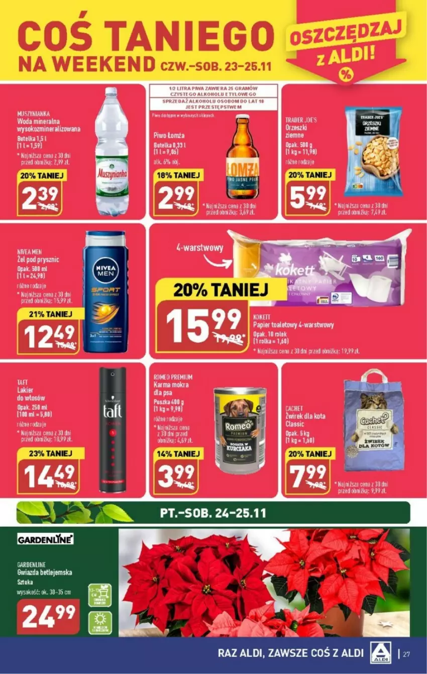 Gazetka promocyjna Aldi - ważna 20.11 do 25.11.2023 - strona 20 - produkty: Mus, Muszynianka, Papier, Papier toaletowy, Piwa, Sok, Woda, Woda mineralna