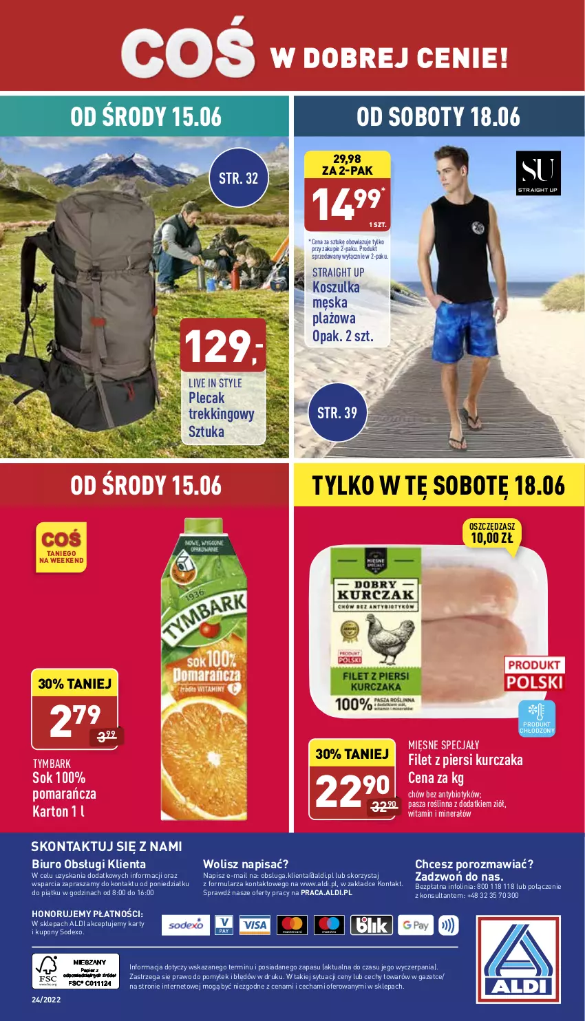 Gazetka promocyjna Aldi - Zaplanuj zakupy wcześniej - ważna 15.06 do 18.06.2022 - strona 15 - produkty: Biuro, Filet z piersi kurczaka, Kosz, Koszulka, Kurczak, Mięsne specjały, O nas, Plecak, Por, Sok, Tymbark