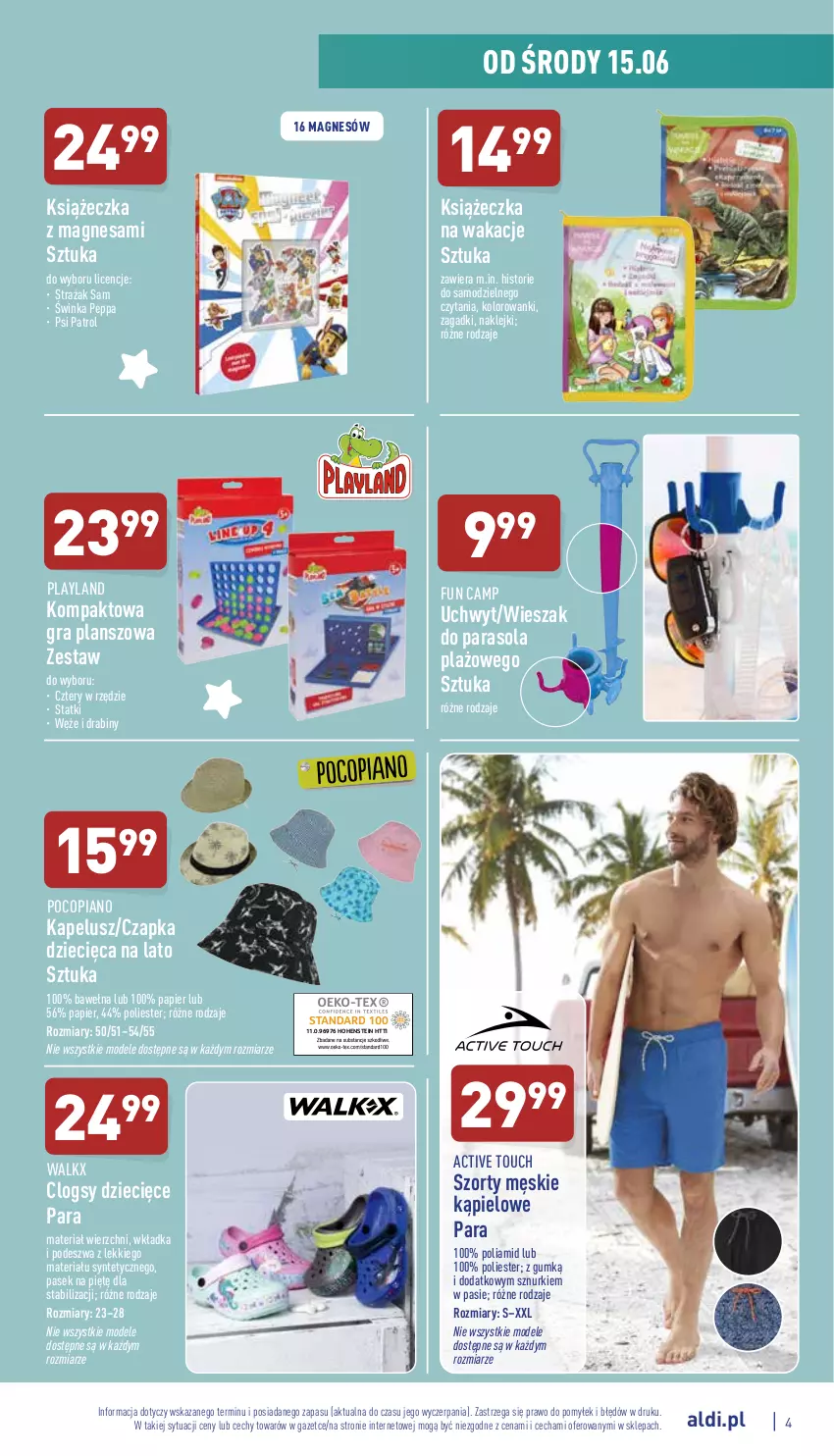 Gazetka promocyjna Aldi - Zaplanuj zakupy wcześniej - ważna 15.06 do 18.06.2022 - strona 4 - produkty: Clogsy, Czapka, Dzieci, Gra, Inka, Klej, Papier, Parasol, Pasek, Pocopiano, Psi Patrol, Szorty, Wełna, Wieszak