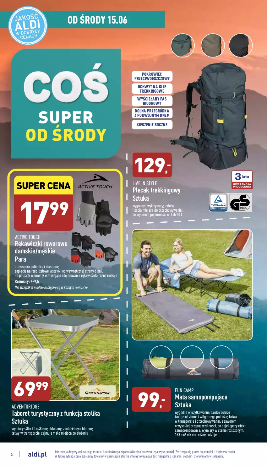 Gazetka promocyjna Aldi - Zaplanuj zakupy wcześniej - ważna 15.06 do 18.06.2022 - strona 5 - produkty: Kije, LG, Mop, Plecak, Pokrowiec, Por, Rower, Sok, Stolik, Taboret, Tran