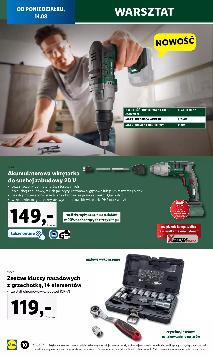 Gazetka promocyjna Lidl - GAZETKA - ważna 14.08 do 19.08.2023 - strona 12 - produkty: Akumulator, Ser, Tarka, Top, Walizka, Wkręt, Wkrętarka, Zestaw kluczy, Zestaw kluczy nasadowych