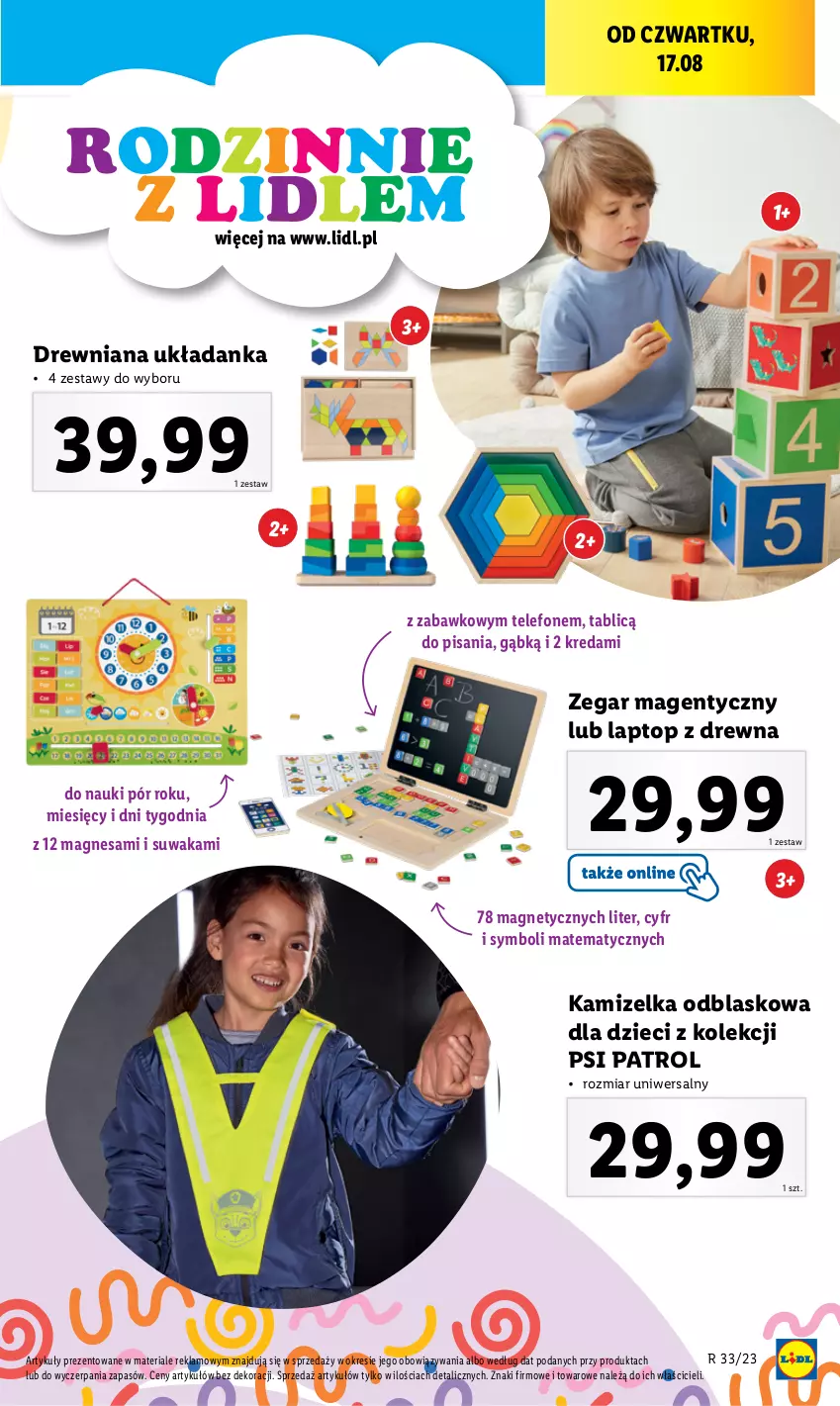 Gazetka promocyjna Lidl - GAZETKA - ważna 14.08 do 19.08.2023 - strona 33 - produkty: Dzieci, Edam, Kamizelka, Kamizelka odblaskowa, Psi Patrol, Telefon, Top, Układanka, Zegar