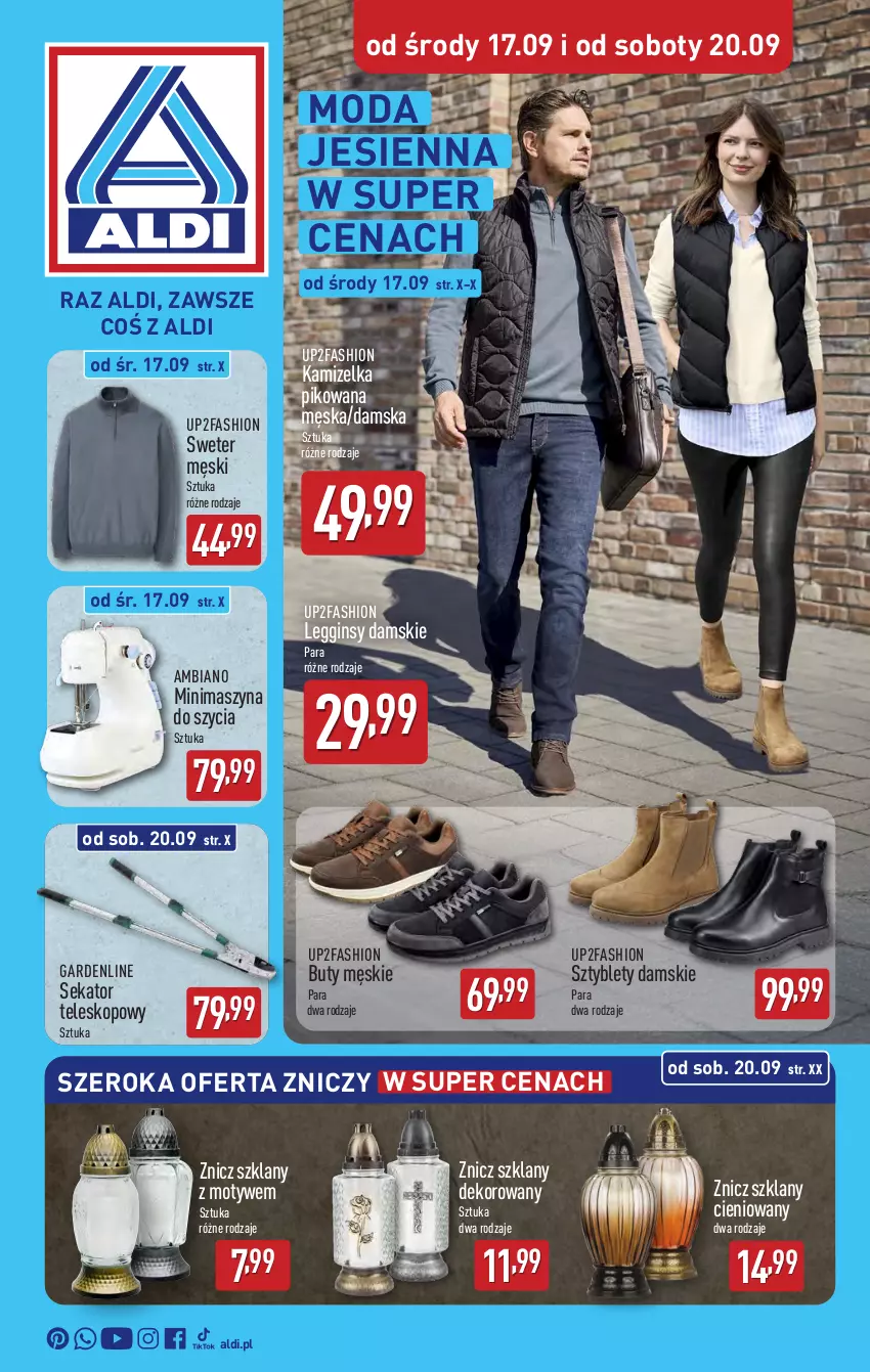 Gazetka promocyjna Aldi - Artykuły przemysłowe i tekstylia - ważna 17.09 do 20.09.2025 - strona 1 - produkty: Buty, Fa, Gin, Kamizelka, Legginsy, Moda, Sekator, Sweter, Sztyblety, Szyna, Teleskop, Znicz