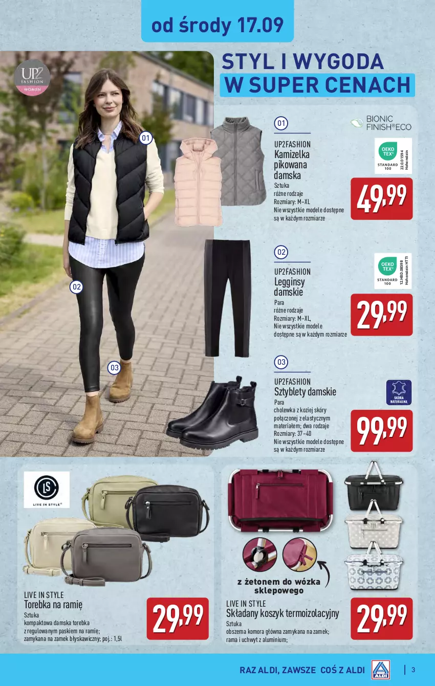 Gazetka promocyjna Aldi - Artykuły przemysłowe i tekstylia - ważna 17.09 do 20.09.2025 - strona 3 - produkty: Fa, Gin, Kamizelka, Kosz, Legginsy, Rama, Sztyblety, Torebka