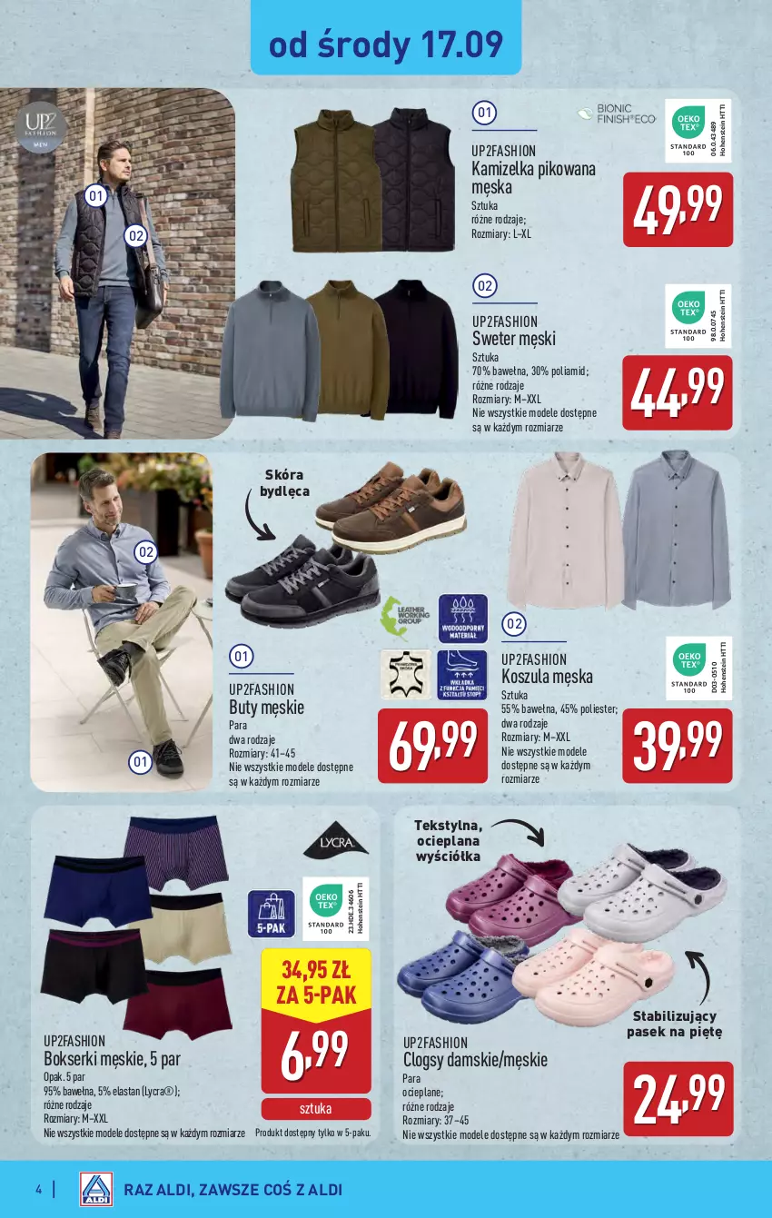 Gazetka promocyjna Aldi - Artykuły przemysłowe i tekstylia - ważna 17.09 do 20.09.2025 - strona 4 - produkty: Bokserki, Buty, Clogsy, Fa, Kamizelka, Kosz, Koszula, LANA, Pasek, Ser, Sweter, Wełna