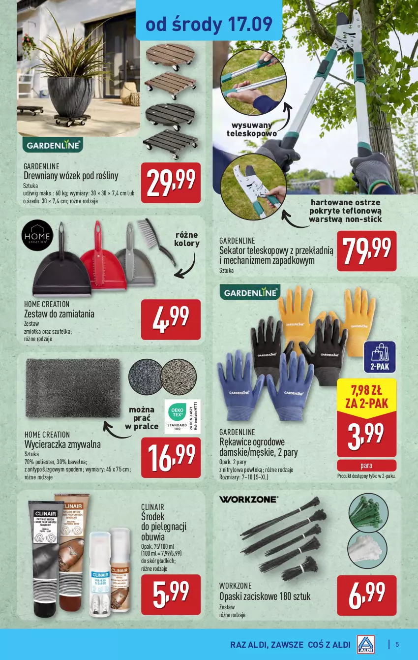 Gazetka promocyjna Aldi - Artykuły przemysłowe i tekstylia - ważna 17.09 do 20.09.2025 - strona 5 - produkty: Clin, Dźwig, Rękawice, Sekator, Szufelka, Teleskop, Wełna, Wózek, Wycieraczka