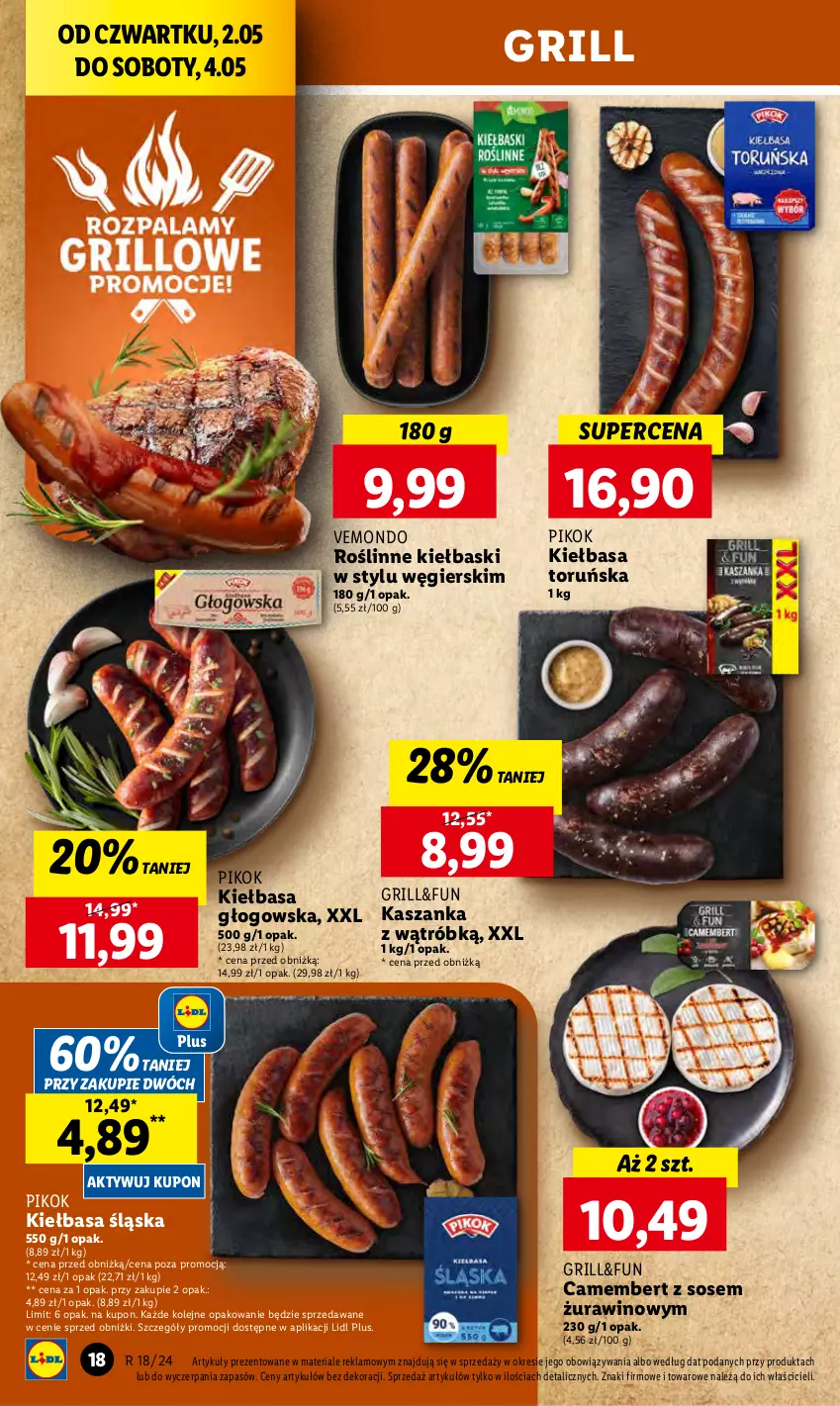 Gazetka promocyjna Lidl - GAZETKA - ważna 02.05 do 04.05.2024 - strona 22 - produkty: Camembert, Grill, Kasza, Kaszanka, Kiełbasa, Kiełbasa głogowska, Kiełbasa śląska, Olej, PIKOK, Roślinne kiełbaski, Sos, Wino