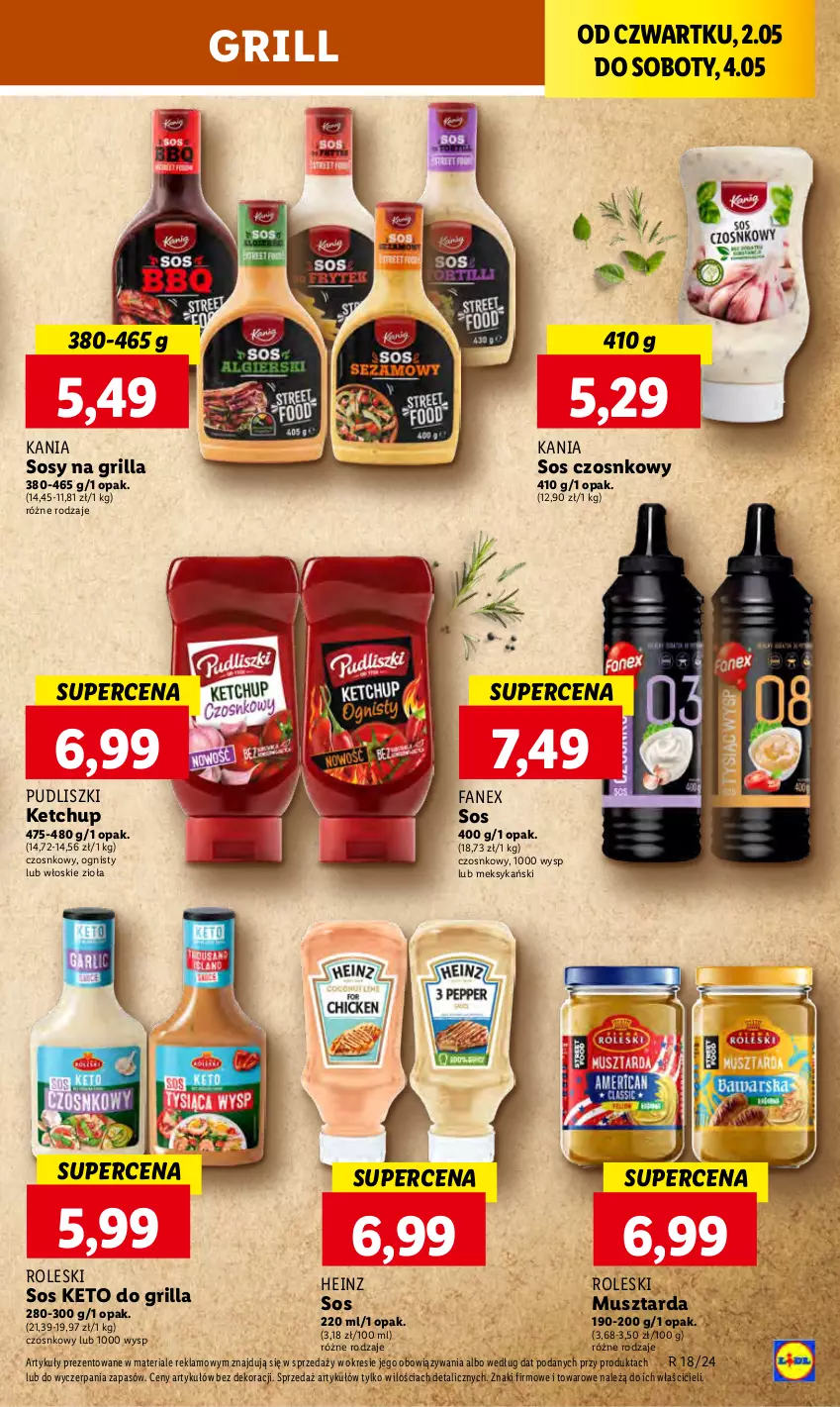 Gazetka promocyjna Lidl - GAZETKA - ważna 02.05 do 04.05.2024 - strona 23 - produkty: Fa, Grill, Heinz, Ketchup, Mus, Musztarda, Pudliszki, Sos, Sos czosnkowy