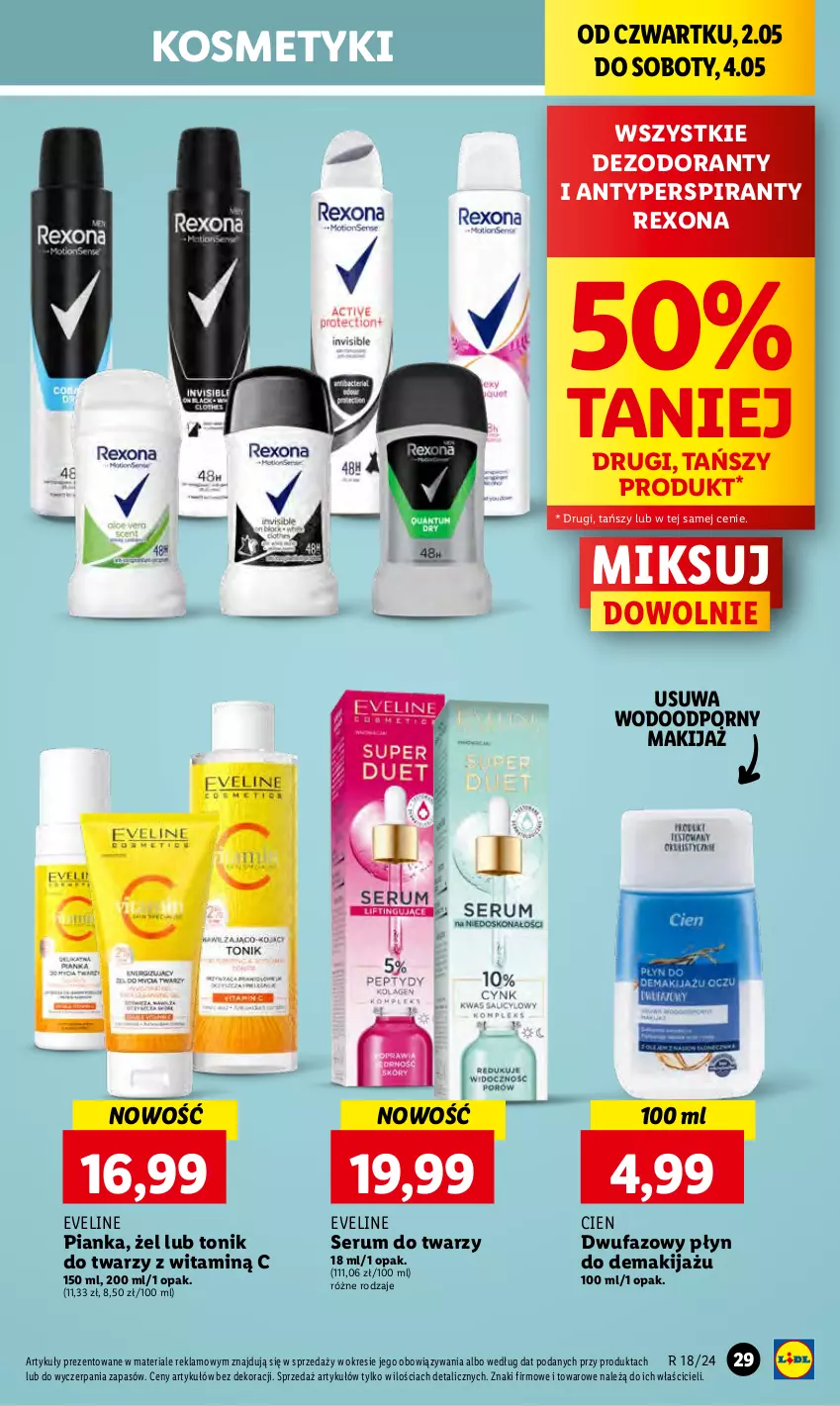 Gazetka promocyjna Lidl - GAZETKA - ważna 02.05 do 04.05.2024 - strona 43 - produkty: Antyperspirant, Dezodorant, Eveline, Fa, Makijaż, Por, Rexona, Rum, Ser, Serum, Serum do twarzy, Tonik, Tonik do twarzy