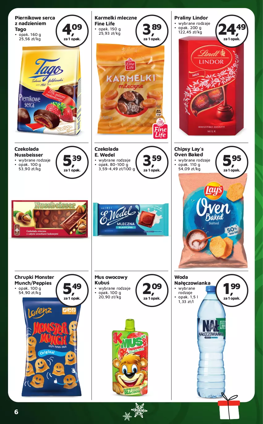 Gazetka promocyjna Odido - ważna 01.12 do 14.12.2023 - strona 6 - produkty: Chipsy, Chrupki, Czekolada, E. Wedel, Kubuś, Lindor, Monster Munch, Mus, Nałęczowianka, Piernik, Praliny, Ser, Tago, Woda