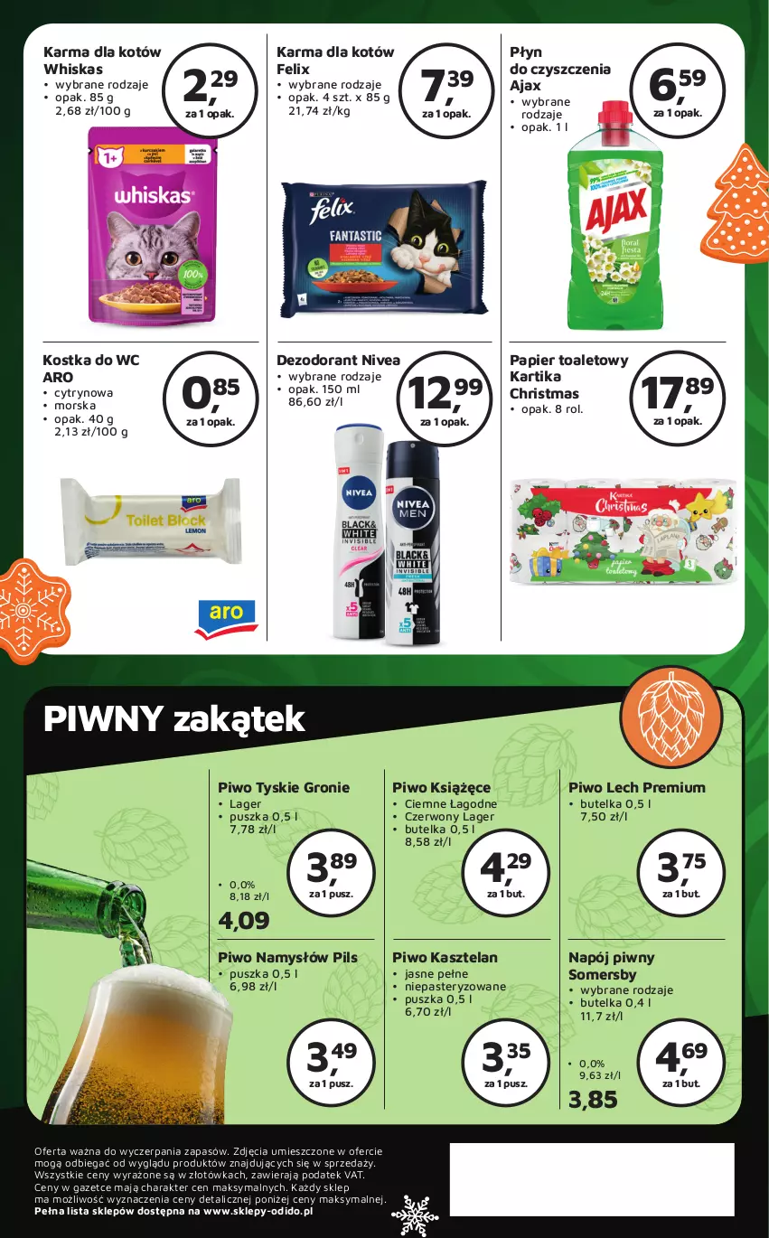 Gazetka promocyjna Odido - ważna 01.12 do 14.12.2023 - strona 8 - produkty: Ajax, Dezodorant, Felix, Kasztelan, Kostka do wc, Książęce, Lech Premium, Namysłów, Napój, Nivea, Papier, Papier toaletowy, Piwo, Somersby, Tyskie, Whiskas