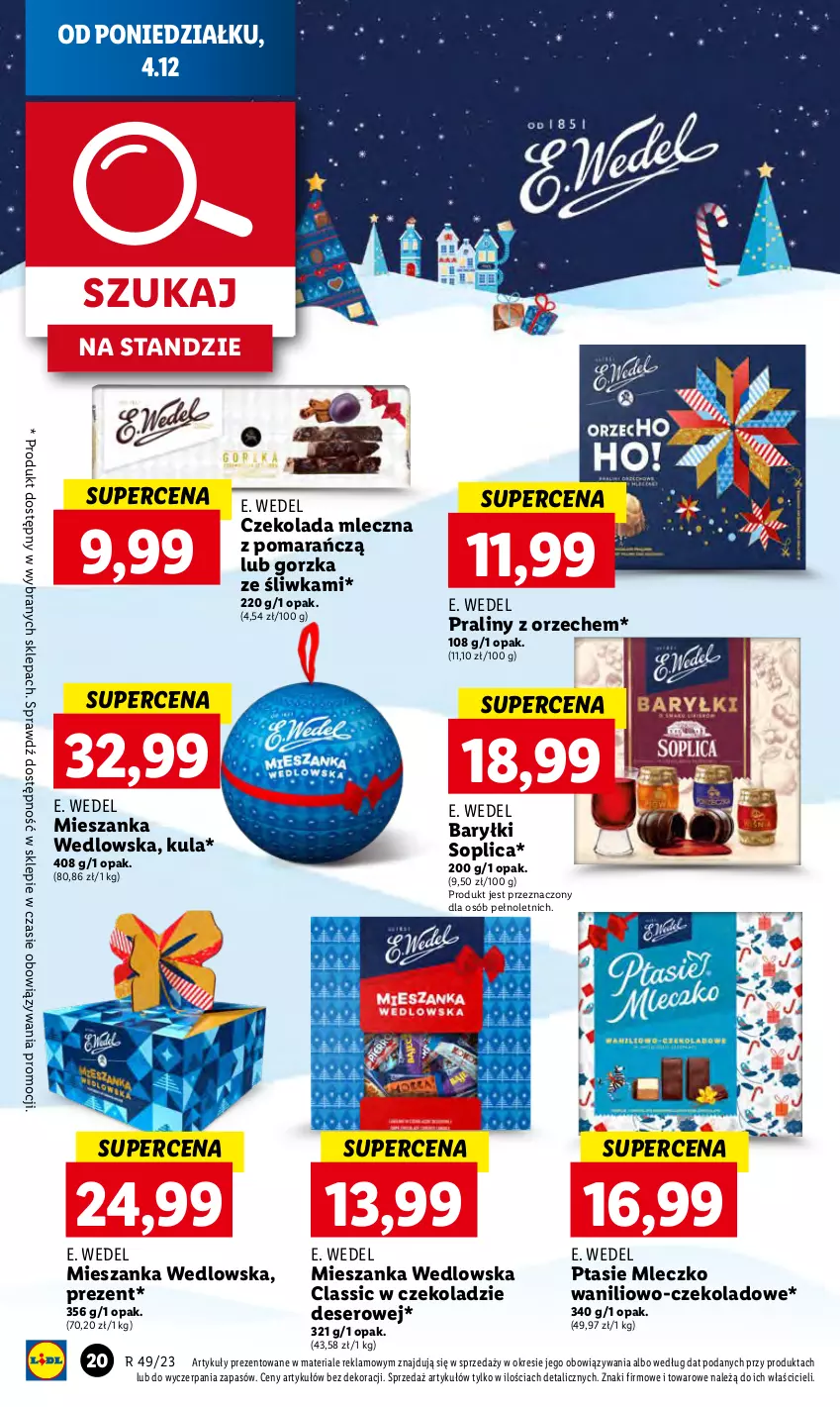 Gazetka promocyjna Lidl - GAZETKA - ważna 04.12 do 06.12.2023 - strona 24 - produkty: Baryłki, Czekolada, Czekolada mleczna, Deser, E. Wedel, Mieszanka wedlowska, Mleczko, Praliny, Ptasie mleczko, Ser, Soplica