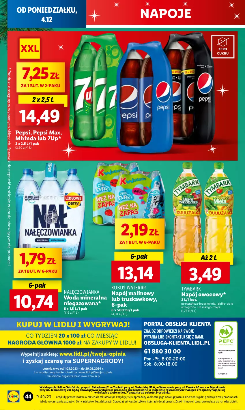 Gazetka promocyjna Lidl - GAZETKA - ważna 04.12 do 06.12.2023 - strona 50 - produkty: 7up, Gry, Kubuś, Kubuś Waterrr, Mango, Mięta, Mirinda, Mola, Mysz, Nałęczowianka, Napój, Napoje, Pepsi, Pepsi max, Tymbark, Wino, Woda, Woda mineralna