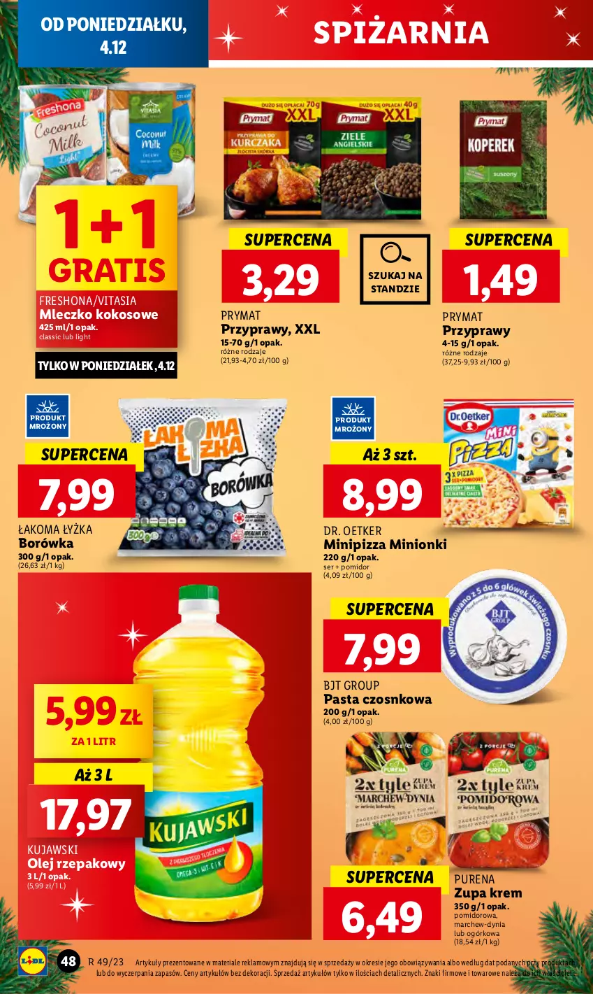 Gazetka promocyjna Lidl - GAZETKA - ważna 04.12 do 06.12.2023 - strona 56 - produkty: Borówka, Dr. Oetker, Gra, Kokos, Kujawski, Mleczko, Olej, Olej rzepakowy, Pizza, Prymat, Przyprawy, Pur, Ser, Zupa