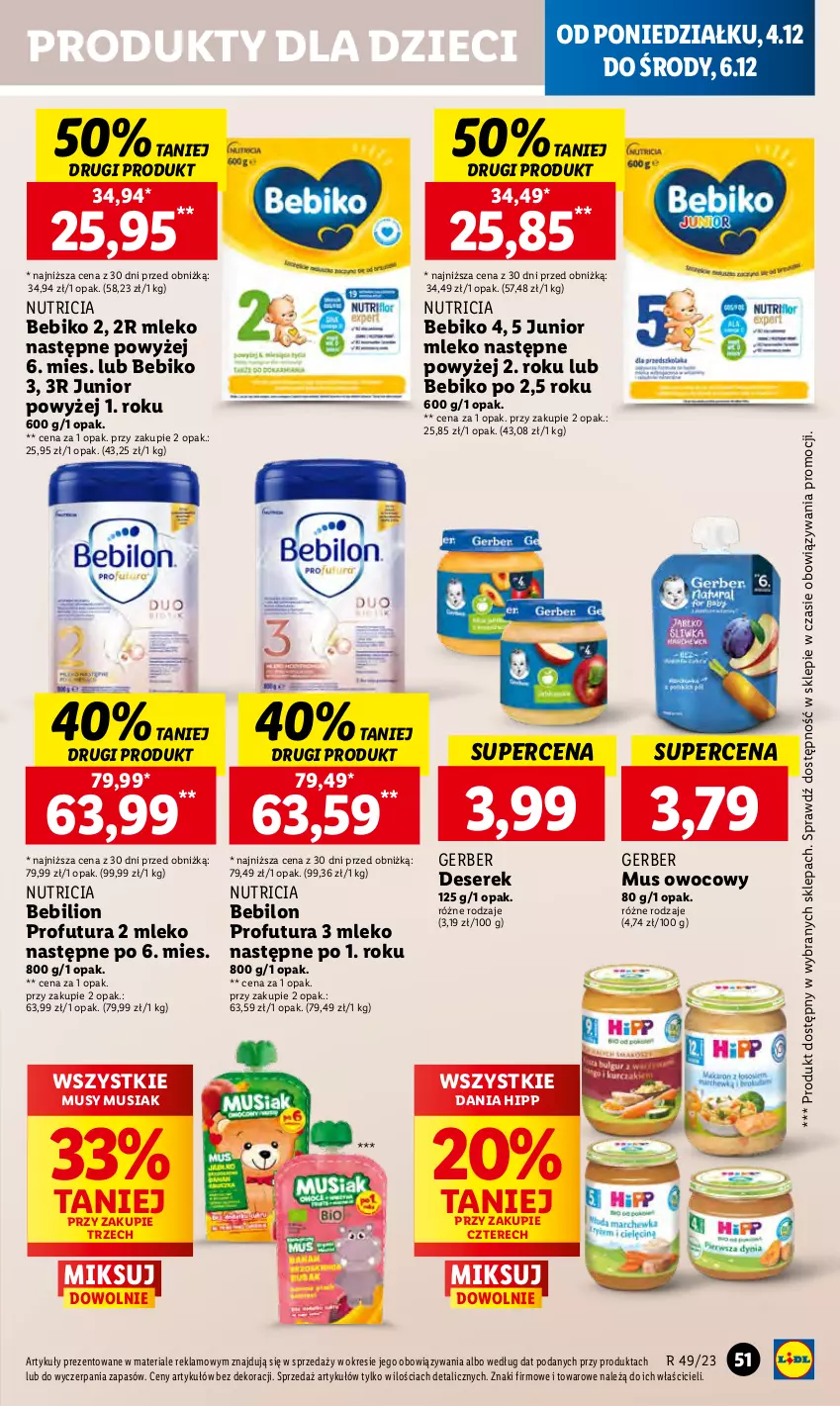 Gazetka promocyjna Lidl - GAZETKA - ważna 04.12 do 06.12.2023 - strona 59 - produkty: Bebiko, BEBILON, Deser, Dzieci, Gerber, HiPP, Lion, Mleko, Mus, O nas, Ser, Serek