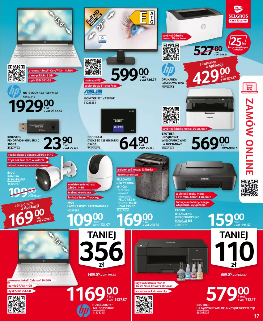 Gazetka promocyjna Selgros - Oferta przemysłowa - ważna 25.08 do 07.09.2022 - strona 17 - produkty: Brother, Canon, Drukarka, Intel, Kamera, Kosz, Monitor, Niszczarka, Notebook, Obraz, Pendrive, Procesor, Ser, Top, Urządzenie wielofunkcyjne