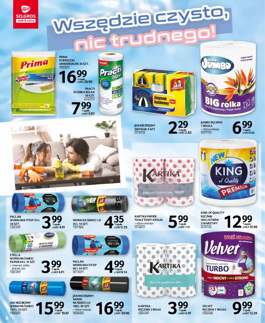 Gazetka promocyjna Selgros - Katalog Sprzątanie - ważna 02.09 do 15.09.2021 - strona 8 - produkty: Jan Niezbędny, Papier, Papier toaletowy, Prima, Ręcznik, Rolki, Top, Velvet, Worki na śmiec, Worki na śmieci