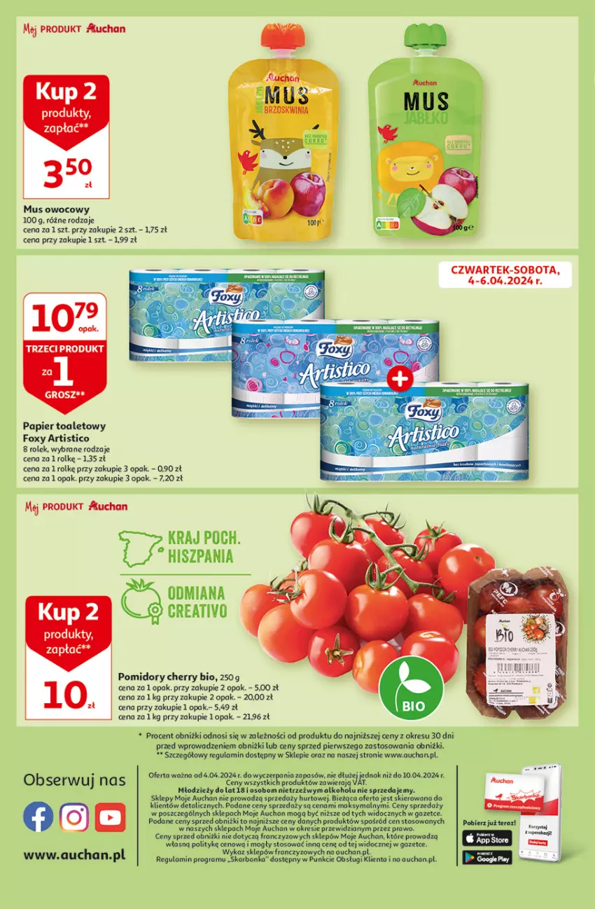 Gazetka promocyjna Auchan - Gazetka Oferty tygodnia! Moje Auchan - ważna 04.04 do 10.04.2024 - strona 10 - produkty: Foxy, Gra, Mus, Papier, Papier toaletowy, Pomidory, Ser, Tera