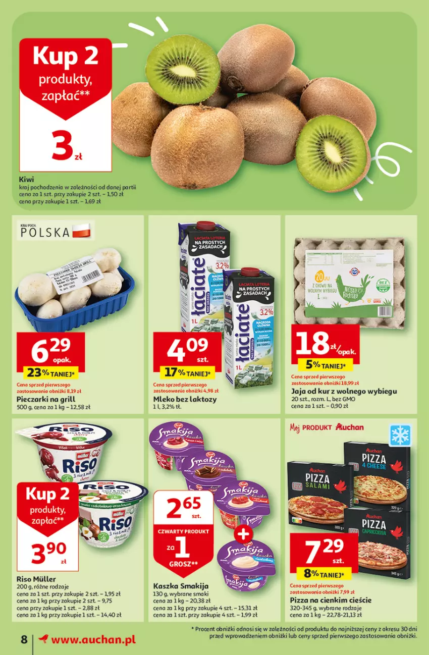 Gazetka promocyjna Auchan - Gazetka Oferty tygodnia! Moje Auchan - ważna 04.04 do 10.04.2024 - strona 8 - produkty: Grill, Jaja, Kiwi, Mleko, Mleko bez laktozy, Piec, Pizza, Smakija