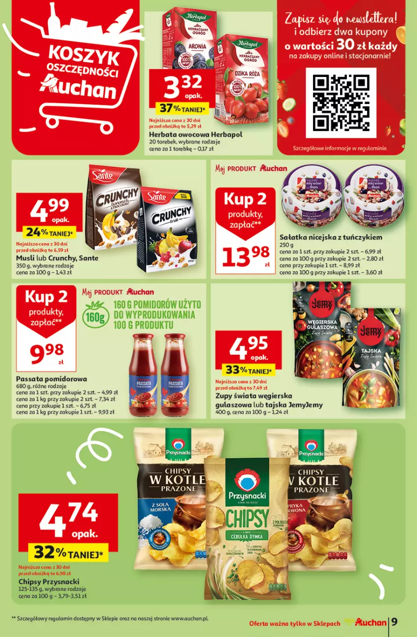 Gazetka promocyjna Auchan - Gazetka Oferty tygodnia! Moje Auchan - ważna 04.04 do 10.04.2024 - strona 9 - produkty: Aronia, Chipsy, Herbapol, Herbata, Herbata owocowa, Mus, Przysnacki, Sałat, Sałatka, Sante, Tuńczyk