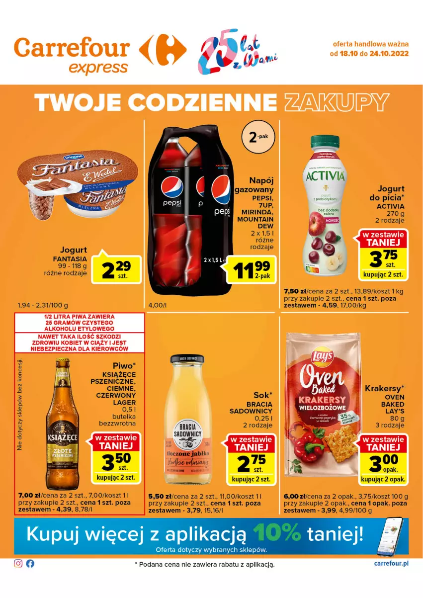 Gazetka promocyjna Carrefour - Gazetka Express - ważna 18.10 do 24.10.2022 - strona 1 - produkty: 7up, Activia, Fa, Fanta, Jogurt, Kosz, Krakersy, Książęce, Mirinda, Napój, Napój gazowany, Pepsi, Piwo, Probiotyk, Sok