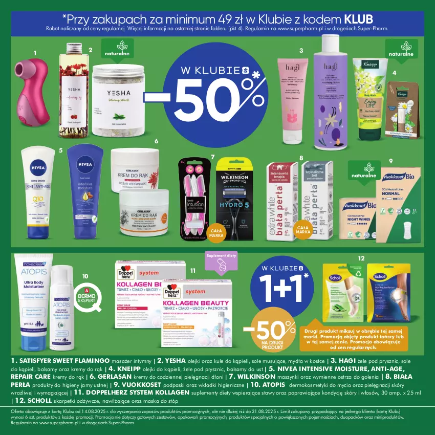 Gazetka promocyjna Super Pharm - Gazetka - ważna 14.08 do 21.08.2025 - strona 4 - produkty: Doppelherz, Karp, Kneipp, Masażer, Maska, Maska do stóp, Mus, Nivea, Olej, Perła, Podpaski, Sati, Scholl, Skarpetki, Top, Wkładki