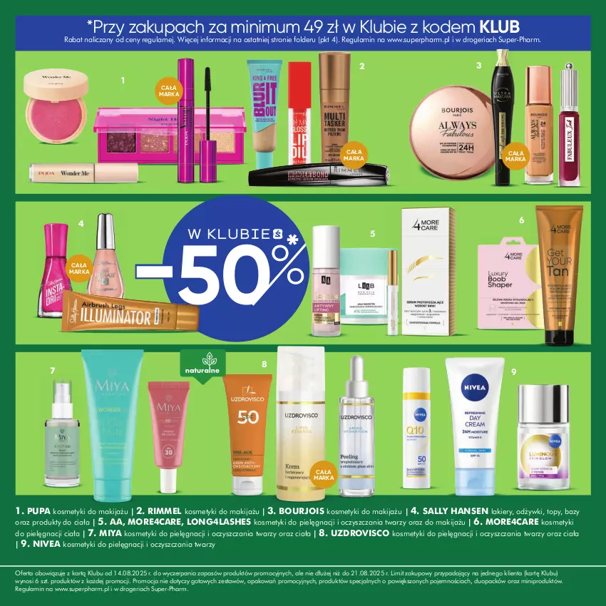 Gazetka promocyjna Super Pharm - Gazetka - ważna 14.08 do 21.08.2025 - strona 5 - produkty: Bourjois, Kosmetyki do pielęgnacji, Lakier, Makijaż, Nivea, Pupa, Sally Hansen, Top