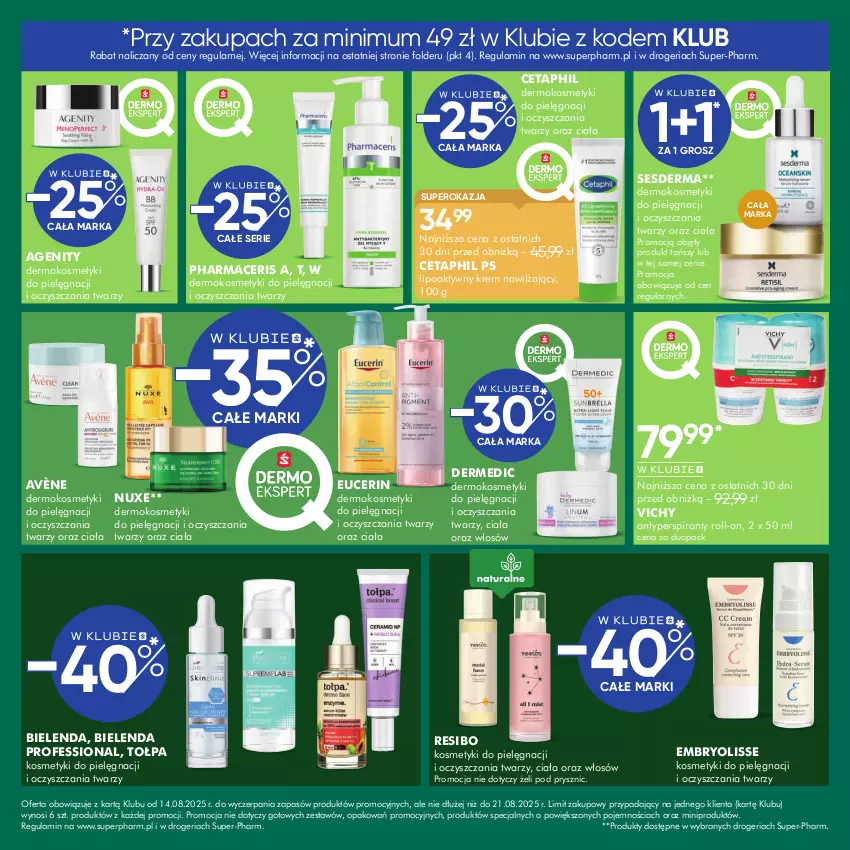 Gazetka promocyjna Super Pharm - Gazetka - ważna 14.08 do 21.08.2025 - strona 6 - produkty: Acer, Antyperspirant, Avène, Bielenda, Cetaphil, Dermedic, Embryolisse, Kosmetyki do pielęgnacji, Krem nawilżający, Nuxe, Pharmaceris, Ser, Sesderma, Tołpa, Vichy