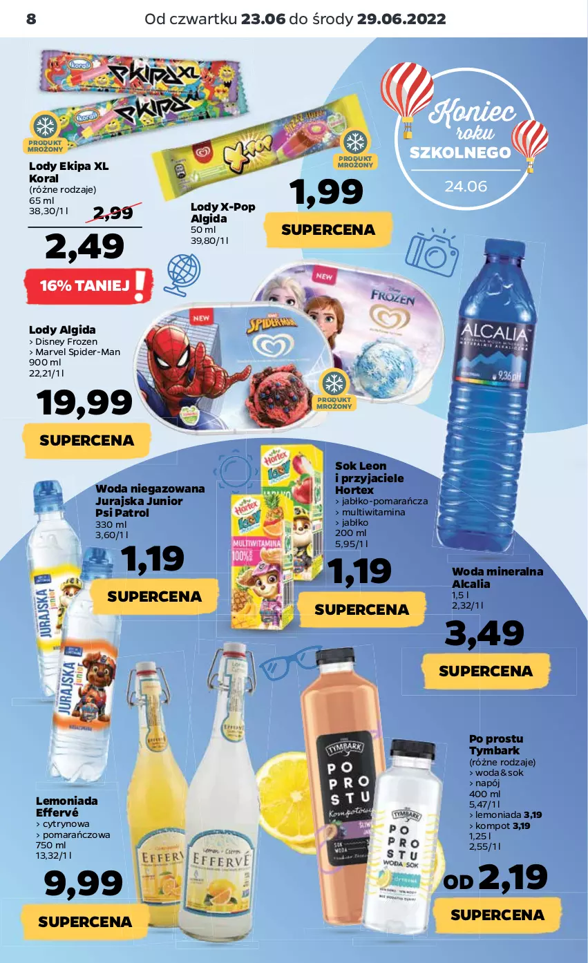 Gazetka promocyjna Netto - Gazetka spożywcza 23.06-29.06 - ważna 23.06 do 29.06.2022 - strona 8 - produkty: Algida, Disney, Frozen, Hortex, Lemoniada, Leon, LG, Lody, Napój, Psi Patrol, Sok, Tymbark, Woda, Woda mineralna, Woda niegazowana