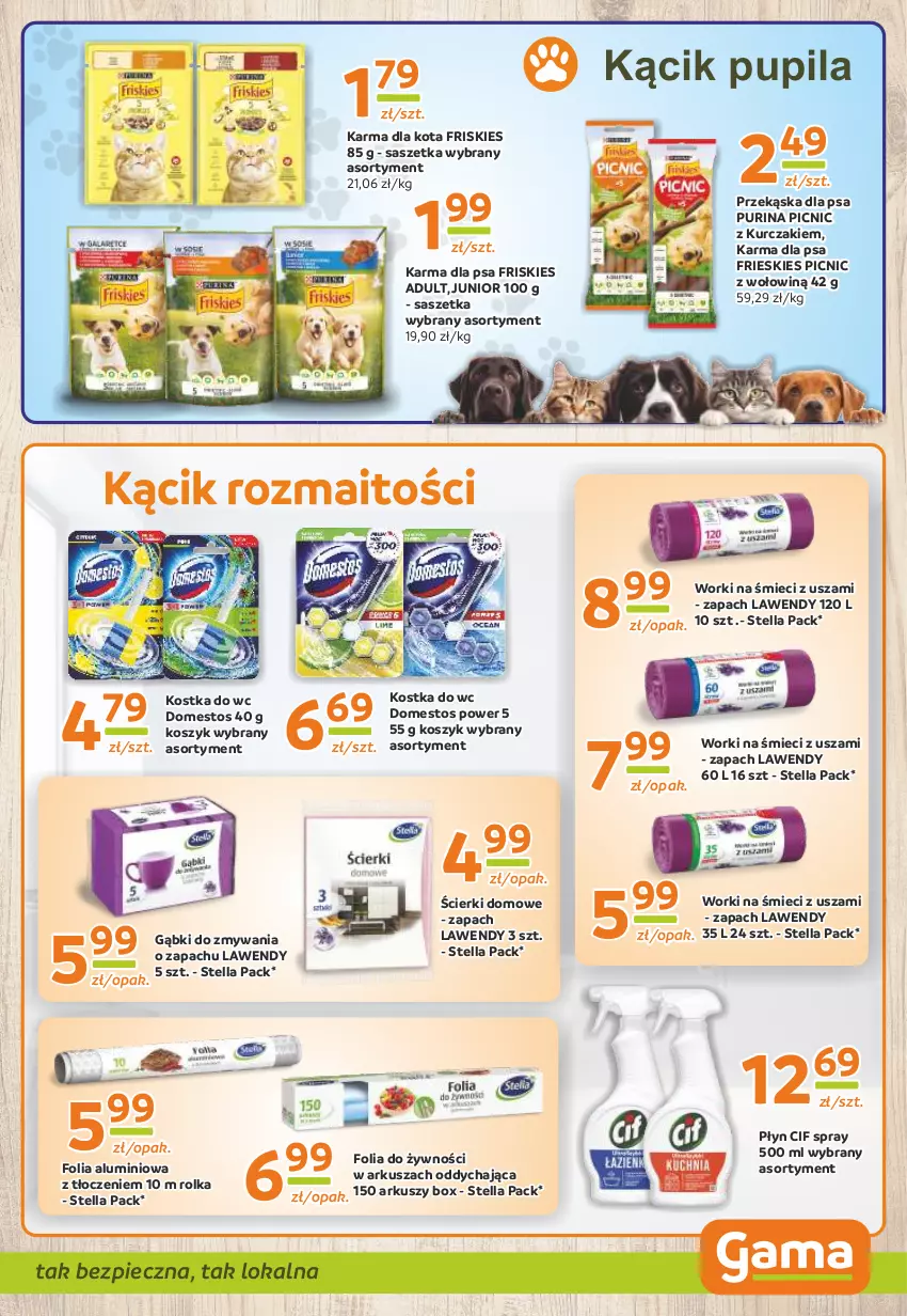 Gazetka promocyjna Gama - Gazetka Gama - ważna 25.01 do 06.02.2024 - strona 9 - produkty: Cif, Domestos, Folia aluminiowa, Friskies, Kostka do wc, Kosz, Kurczak, Piec, Pur, Purina, Worki na śmiec, Worki na śmieci