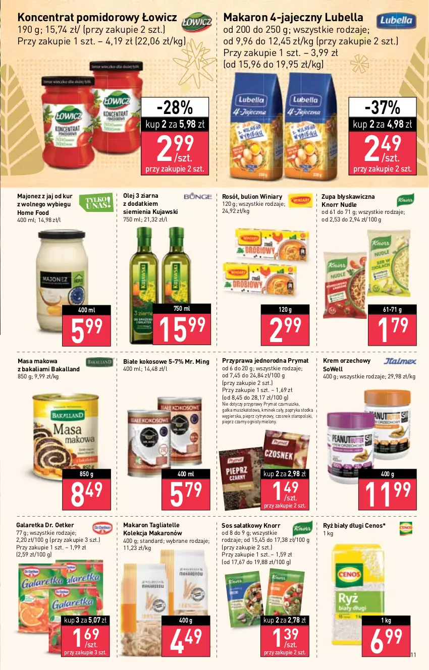 Gazetka promocyjna Stokrotka - Market - ważna 22.12 do 28.12.2022 - strona 11 - produkty: Bakalland, Bell, Bella, Bulion, Cenos, Czosnek, Dr. Oetker, Gala, Galaretka, Gałka, Kminek, Kminek cały, Knorr, Kokos, Koncentrat pomidorowy, Krem orzechowy, Kujawski, Lion, Lubella, Majonez, Makaron, Mus, Olej, Papryka, Papryka słodka, Pieprz, Prymat, Przyprawy, Rosół, Ryż, Ryż biały, Sałat, Sos, Tagliatelle, Winiary, Zupa